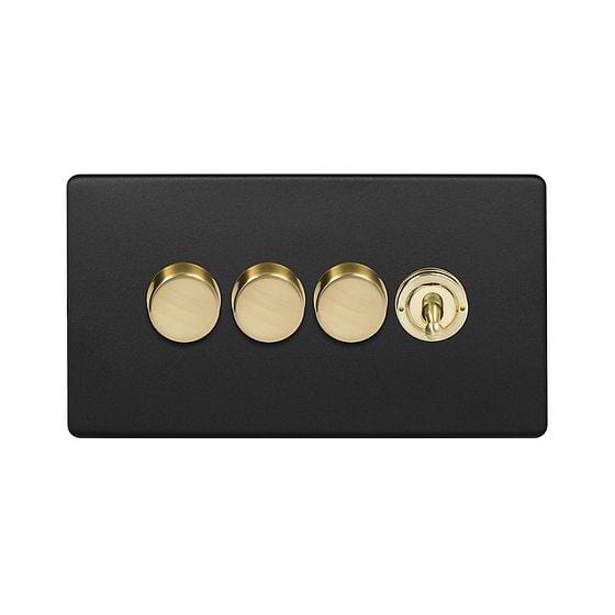 Soho Lighting Matt Black & Brushed Brass 4 Gang Switch with 3 Dimmers (3x150W LED Dimmer 1x20A 2 Way Toggle)