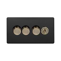 Soho Lighting Matt Black and Antique Brass 4 Gang Switch with 3 Dimmers (3x150W LED Dimmer 1x20A 2 Way Toggle)