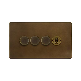 Soho Lighting Vintage Brass 4 Gang Switch with 3 Dimmers (3 x 150W LED Dimmer 1 x 20A 2 Way Toggle)