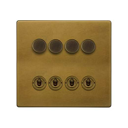 Soho Lighting Old Brass 8 Gang Dimmer & Toggle Combo 4 x 150W LED Dimmer 4 x 20A Toggle 