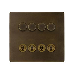 Soho Lighting Vintage Brass 8 Gang Dimmer & Toggle Combo 4 x 150W LED Dimmer 4 x 20A Toggle 