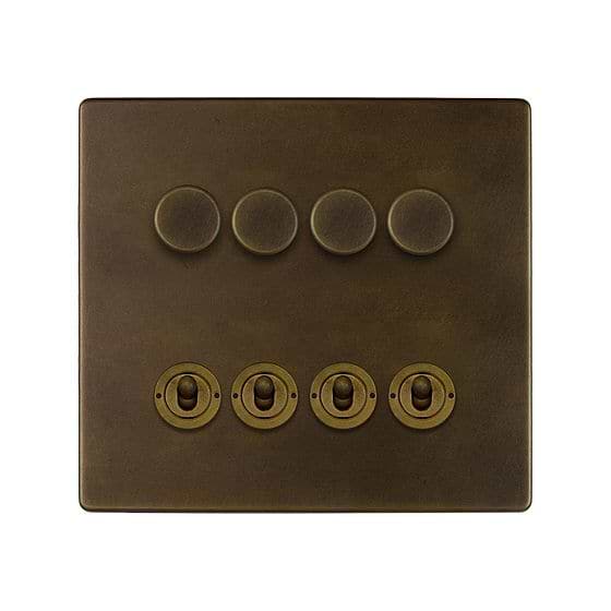 Soho Lighting Vintage Brass 8 Gang Dimmer & Toggle Combo 4 x 150W LED Dimmer 4 x 20A Toggle 