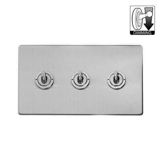 Brushed Chrome 3 Gang Dimming Toggle Switch

