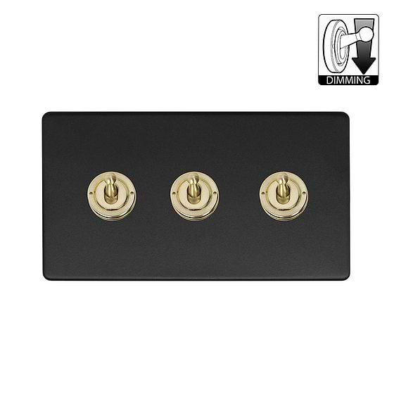 Soho Lighting Lighting Matt Black & Brushed Brass 3 Gang Dimming Toggle Switch