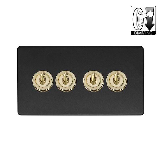 Matt Black and Brass 4 Gang Dimming Toggle Switch
