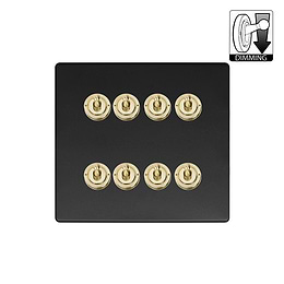 Matt Black and Brass 8 Gang Dimming Toggle Switch
