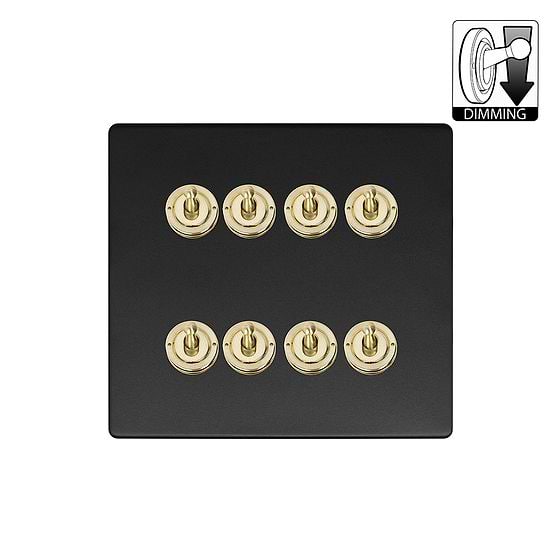 Matt Black and Brass 8 Gang Dimming Toggle Switch
