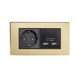 Soho Lighting Brushed Brass 2 Gang European Schuko Socket with USB Blk Ins Screwless