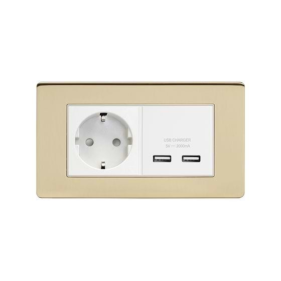 Soho Lighting Brushed Brass 2 Gang European Schuko Socket with USB Wht Ins Screwless