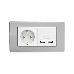 Soho Lighting Brushed Chrome 2 Gang European Schuko Socket with USB Wht Ins Screwless