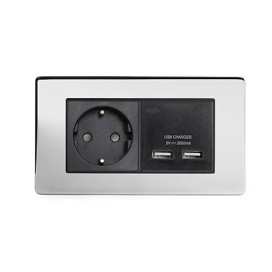 Soho Lighting Polished Chrome 2 Gang European Schuko Socket with USB Blk Ins Screwless