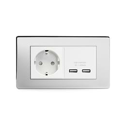 Soho Lighting Polished Chrome 2 Gang European Schuko Socket with USB Wht Ins Screwless