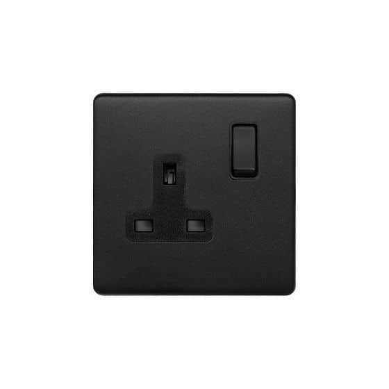 Soho Lighting Matt Black 13A 1 Gang Switched Socket, DP Black Insert Screwless