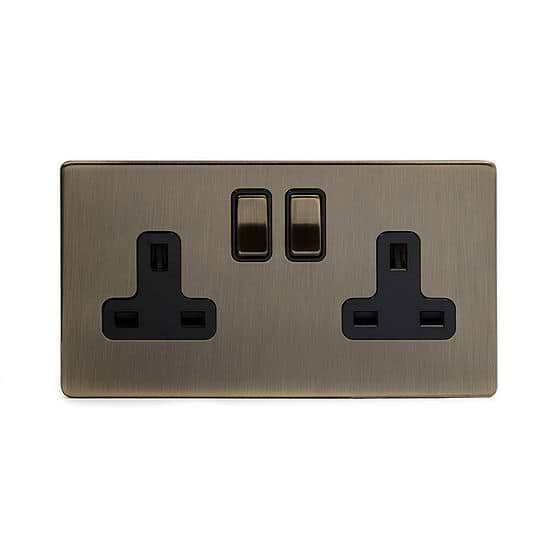 Soho Lighting Antique Brass 2 Gang Socket 13A Double Pole with Black Insert