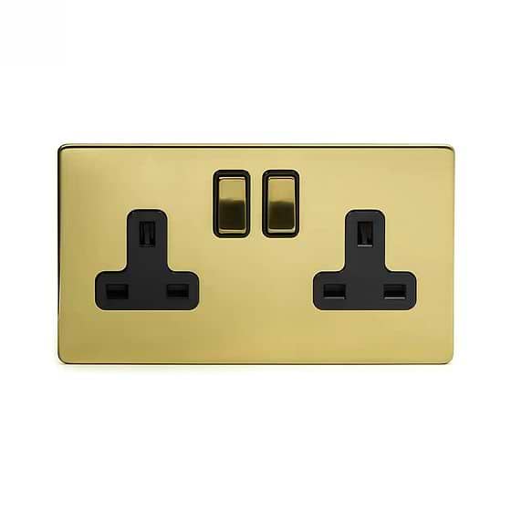 Soho Lighting Brushed Brass 2 Gang Socket 13A Double Pole Black Inserts