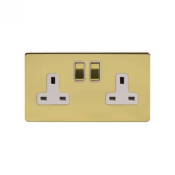Soho Lighting Brushed Brass & White Insert 2 Gang Socket Double Pole 13A