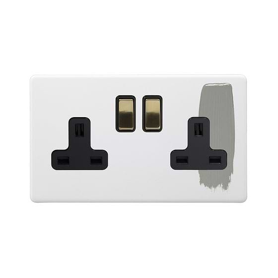 Soho Lighting Primed Paintable 2 Gang Socket 13A Double Pole with with Brushed Brass Switch with Black Insert