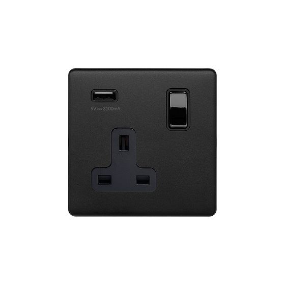 Soho Lighting Matt Black 1 Gang 13A SP Socket with USB-A 2.1A 
