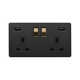 Soho Lighting Matt Black & Brushed Brass 2 Gang 13A SP Socket with 2 x USB-A 3.1A