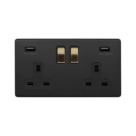 Soho Lighting Matt Black & Brushed Brass 2 Gang 13A SP Socket with 2 x USB-A 3.1A