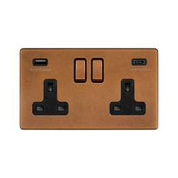 Soho Lighting Antique Copper 2 Gang USB A+C Socket (13A Socket + 2 USB Ports A+C 3.1A)