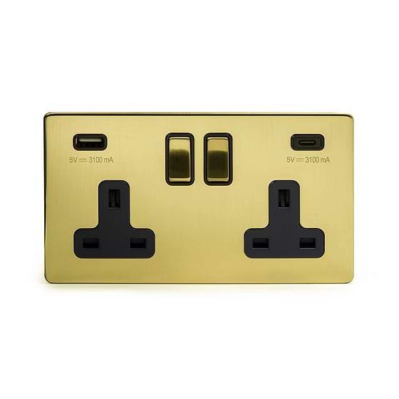 Soho Lighting Brushed Brass 2 Gang USB A+C Socket (13A Socket + 2 USB Ports A+C 3.1A)