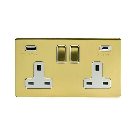 Soho Lighting Brushed Brass 2 Gang USB A + C Socket (13A Socket + 2 USB Ports A+C 3.1A) 