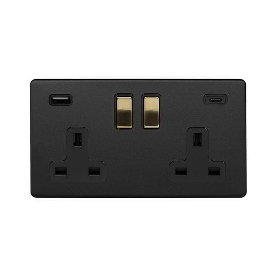 Soho Fusion Matt Black & Brushed Brass 2 Gang USB  A&C Socket (13A Socket + 2 USB Ports A&C 3.1A)