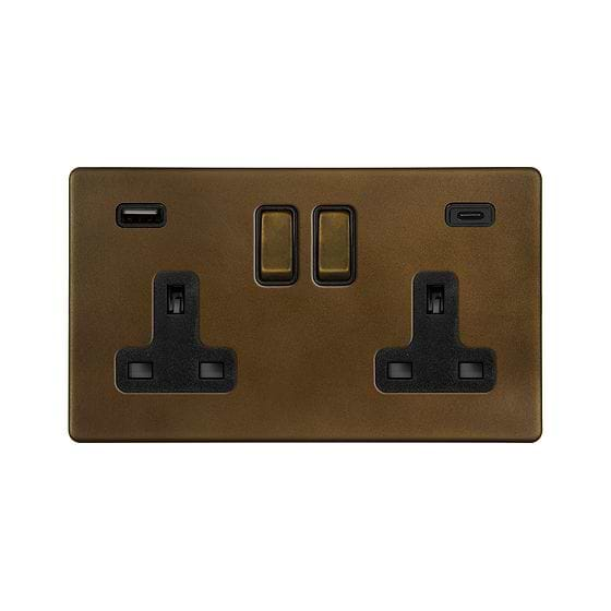 Soho Lighting Vintage Brass 2 Gang USB A+C Socket (13A Socket + 2 USB Ports A+C 3.1A)