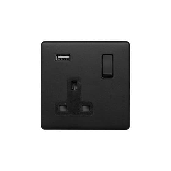 Soho Lighting Matt Black 1 Gang 13A DP Socket with USB-A 2.1A