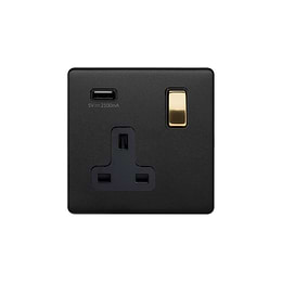 Soho Fusion Matt Black & Brushed Brass 1 Gang 13A DP Socket with USB-A 2.1A