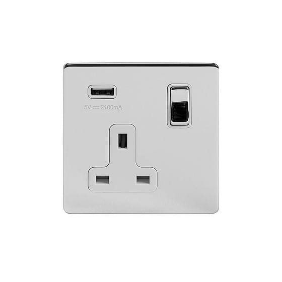 Soho Lighting Polished Chrome 13A 1 Gang DP USB Switched Socket (USB Output 2.1amp) Wht Ins Screwless