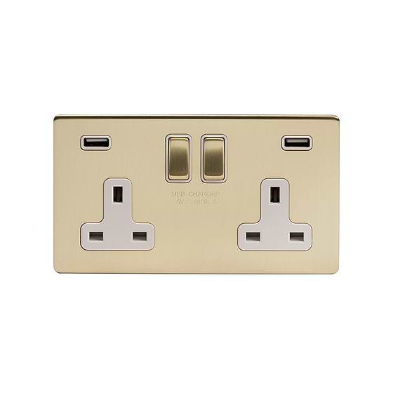 Soho Lighting Brushed Brass 13A 2 Gang DP USB Switched Socket (USB Output 4.8amp) Wht Ins Screwless