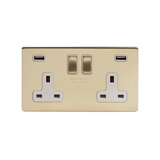 Soho Lighting Brushed Brass 13A 2 Gang DP USB Switched Socket (USB Output 4.8amp) Wht Ins Screwless