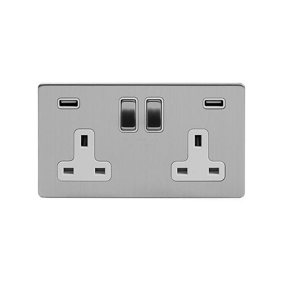 Soho Lighting Brushed Chrome 13A 2 Gang DP USB Switched Socket (USB Output 4.8amp) Wht Ins Screwless