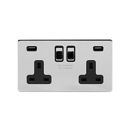 Soho Lighting Polished Chrome 13A 2 Gang DP USB Switched Socket (USB Output 4.8amp) Blk Ins Screwless