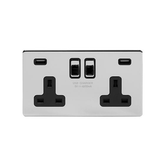 Soho Lighting Polished Chrome 13A 2 Gang DP USB Switched Socket (USB Output 4.8amp) Blk Ins Screwless