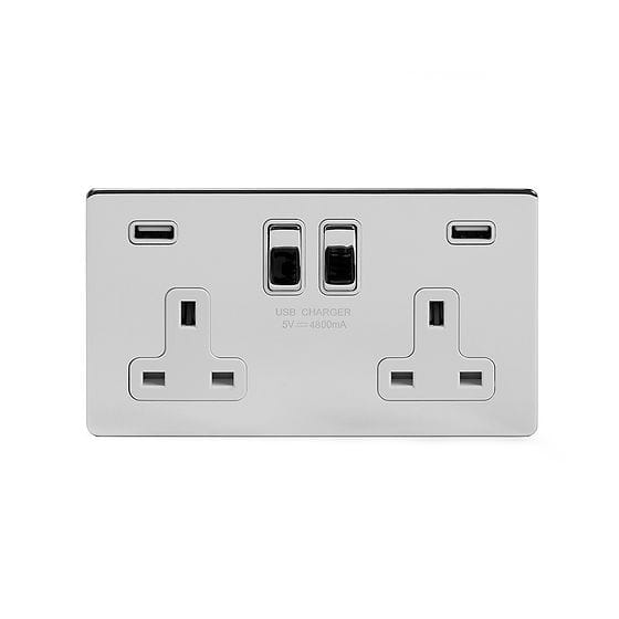 Soho Lighting Polished Chrome 13A 2 Gang DP USB Switched Socket (USB Output 4.8amp) Wht Ins Screwless