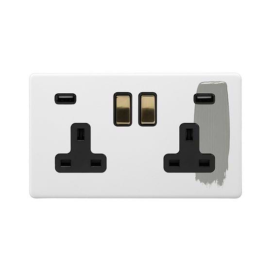 Soho Lighting Primed Paintable 13A 2 Gang DP Fast Charge 4.8amp USB Socket with Brushed Brass Switch with Black Insert