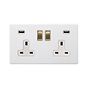 Soho Lighting Primed Paintable 13A 2 Gang DP Fast Charge 4.8amp USB Socket with Brushed Brass Switch with White Insert