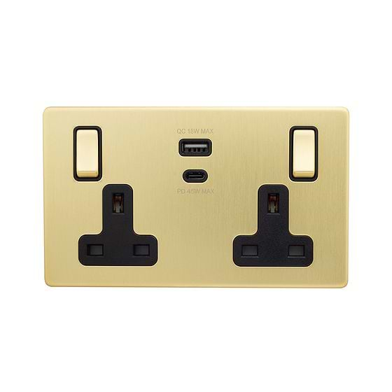 Soho Lighting Brushed Brass with Black Insert 13A 2 Gang Super Fast Charge 45W USB A+C Socket