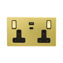 Soho Lighting Brushed Brass with Black Insert 13A 2 Gang Super Fast Charge 45W USB A+C Socket