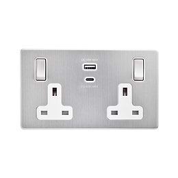 Soho Lighting Brushed Chrome with White Insert 13A 2 Gang Super Fast Charge 45W USB A+C Socket