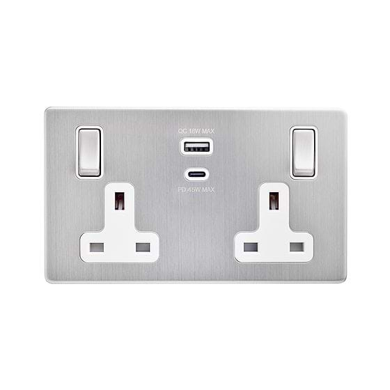 Soho Lighting Brushed Chrome with White Insert 13A 2 Gang Super Fast Charge 45W USB A+C Socket