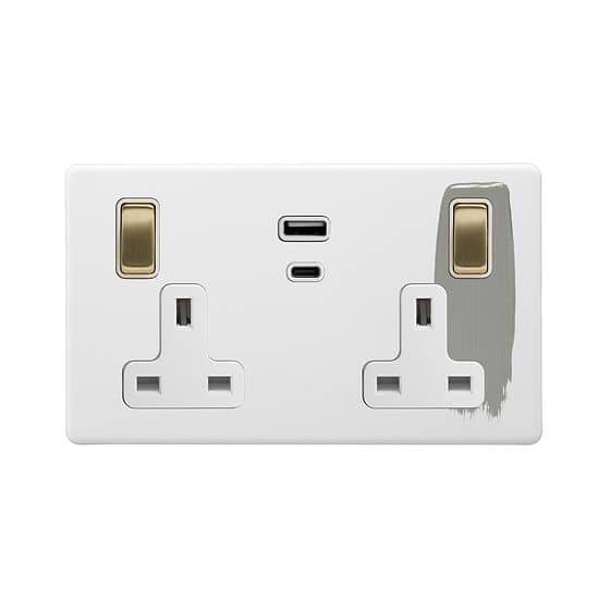 Soho Lighting Primed Paintable 13A 2 Gang Super Fast Charge 45W USB A+C Socket with Brushed Brass Switch with White Insert