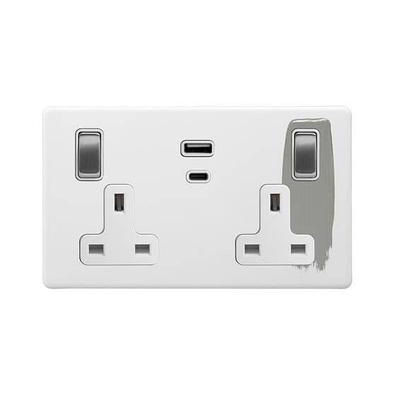 Soho Lighting Primed Paintable 13A 2 Gang Super Fast Charge 45W USB A+C Socket with Brushed Chrome Switch and White Insert