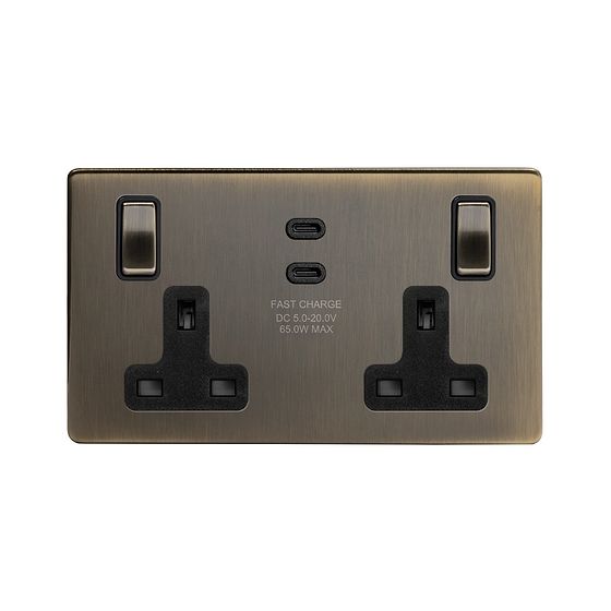 Soho Lighting Antique Brass 2 Gang 65W USB C+C Socket (13A Socket + 2 USB C Ports) 