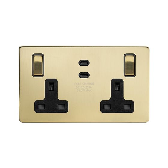 Soho Lighting Brushed Brass 2 Gang 65W USB C+C Socket (13A Socket + 2 USB C Ports) 