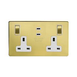 Soho Lighting Brushed Brass 2 Gang 65W USB C+C Socket (13A Socket + 2 USB C Ports) 