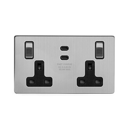 Soho Lighting Brushed Chrome 2 Gang 65W USB C+C Socket (13A Socket + 2 USB C Ports)  Black Inserts